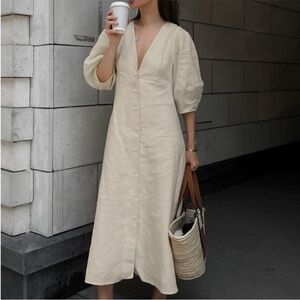 Chic Cream V-Neck Midi Dress